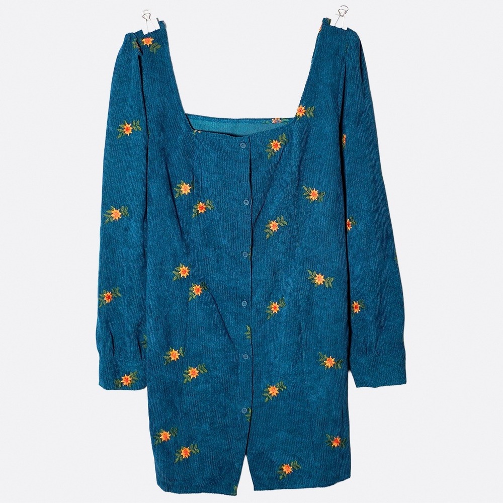 Embroidered Teal Corduroy Square Neck Mini Dress Whimsical Boho Chic Plus 1X XL - Picture 2 of 7